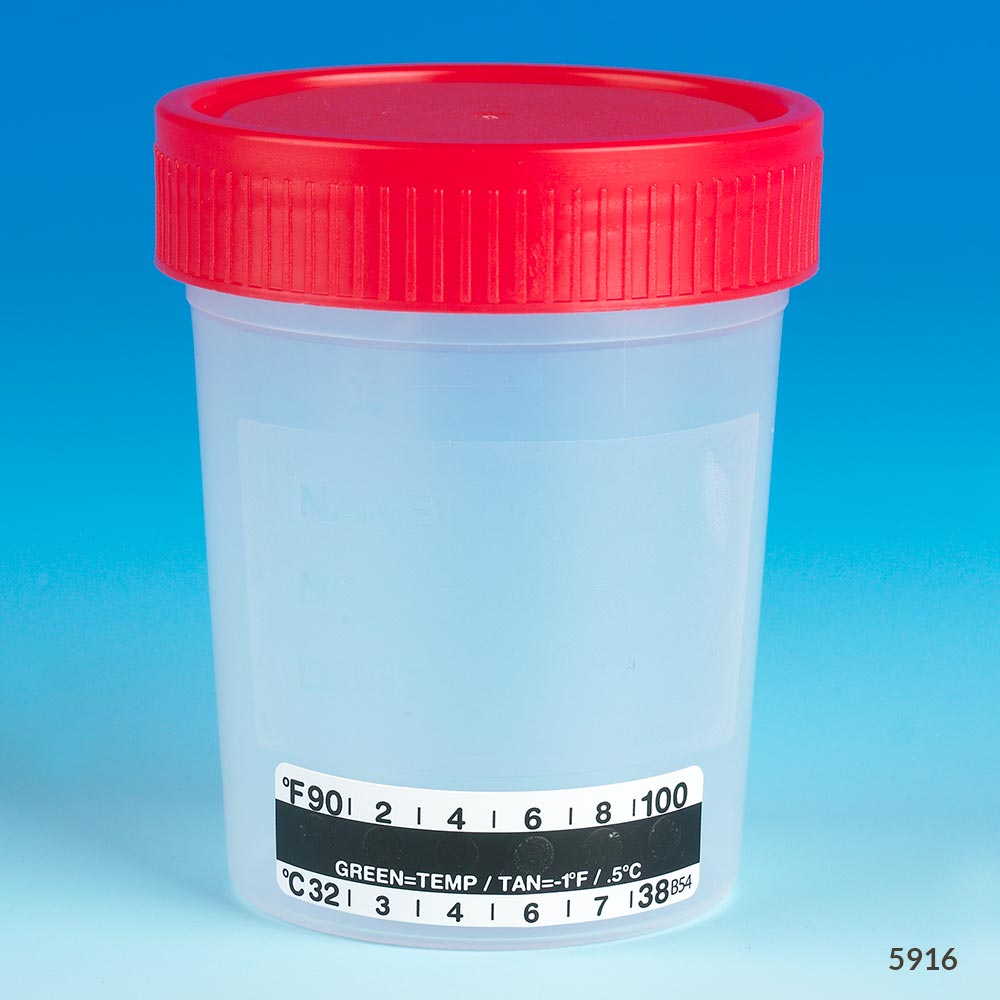 Globe Scientific Specimen Container, 4oz, with Attached Thermometer Strip, Separate 1/4-Turn Red Screwcap, Non-Sterile, PP, Graduated, Bulk Collection Cup; Specimen Container; Urine Collection